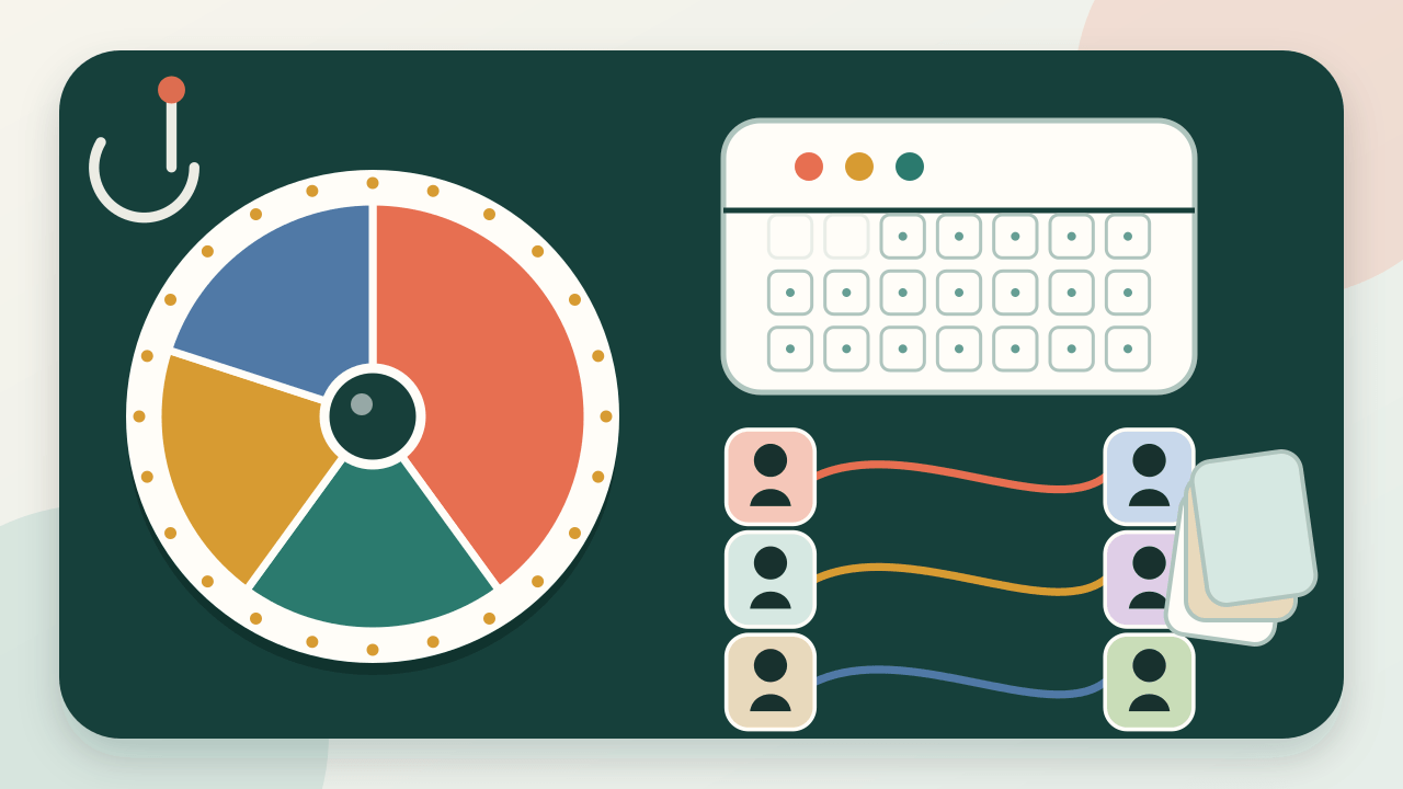 Illustration of a choice wheel, calendar, paired people and shuffled cards.